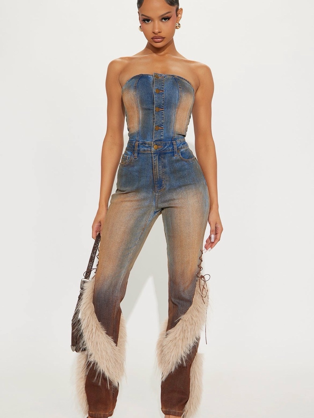Fashion Nova Two-Tone Strapless Flare Jeans with Faux Fur Trim - Blue/Brown